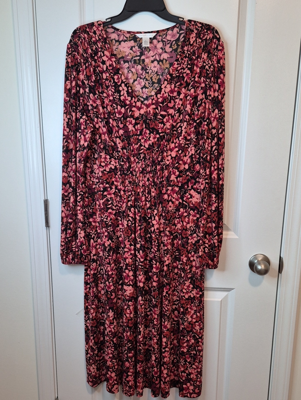 London Times Pink Floral V-Neck Long Sleeve Midi Dress Size XL